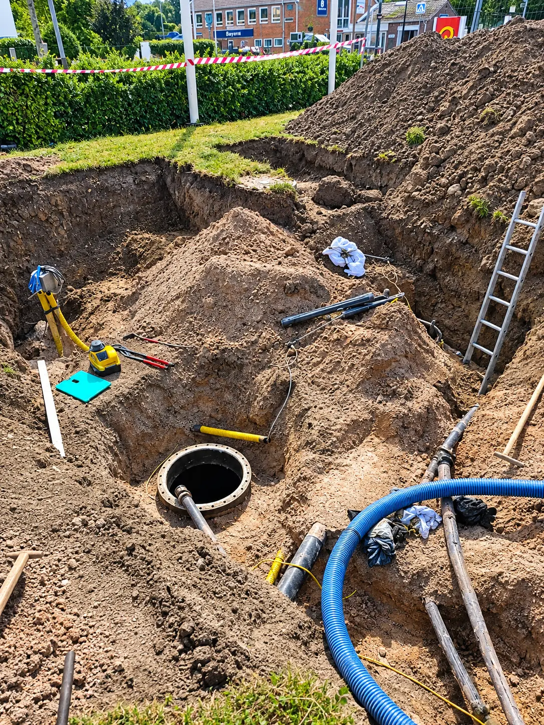 Grävning kring en underjordisk cistern med rör, slangar och verktyg inför kontroll